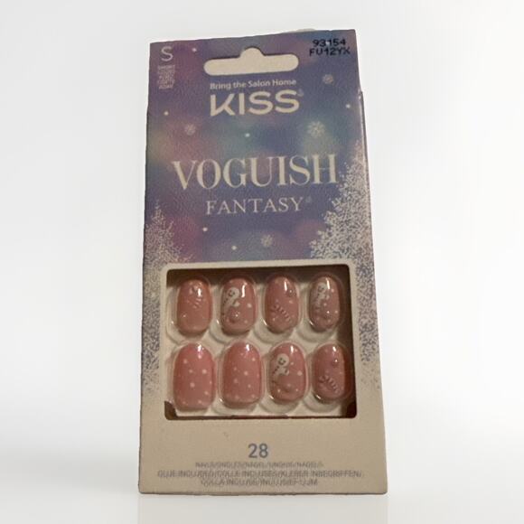 KISS Voguish Fantasy Nails 28ct Pink Snowman Candy Cane Christmas Set FV12YX NEW - Picture 1 of 4